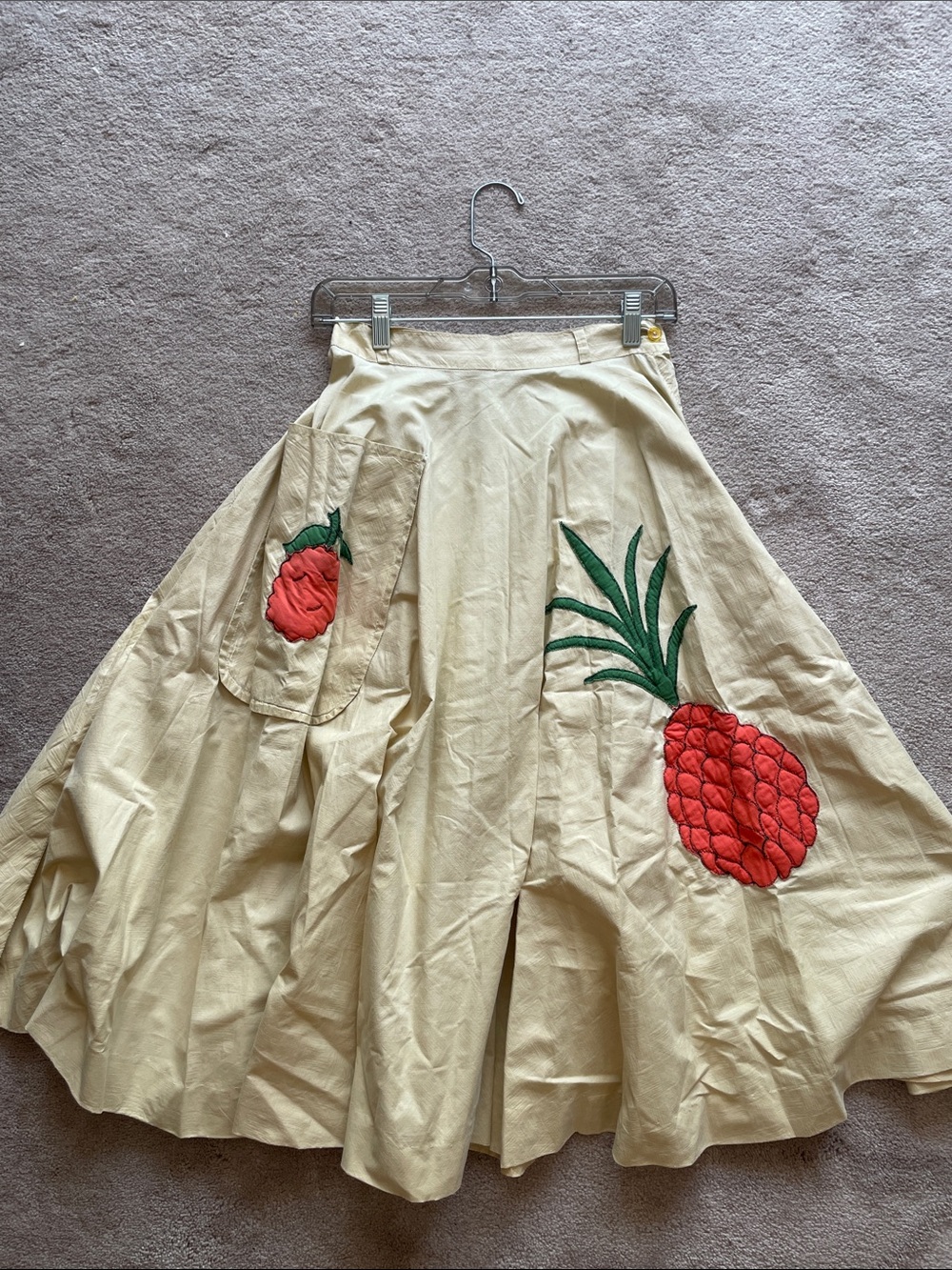 Cream Pineapple Orange fruit Appliqué Midi Skirt 50s Midcentury Vintage XS